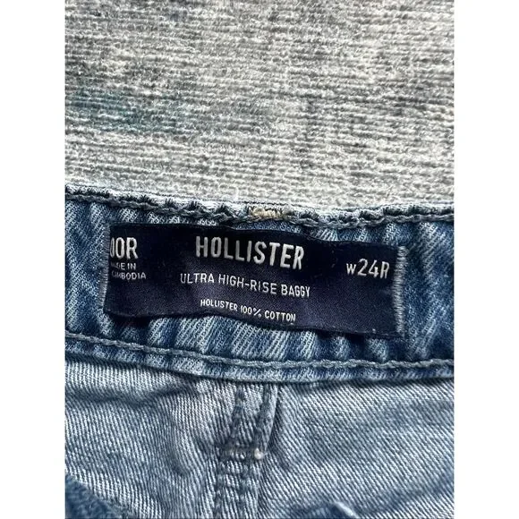 Hollister Distressed Medium Blue Wash Ultra High Rise Baggy Jeans 00R / 24R - Picture 3 of 6